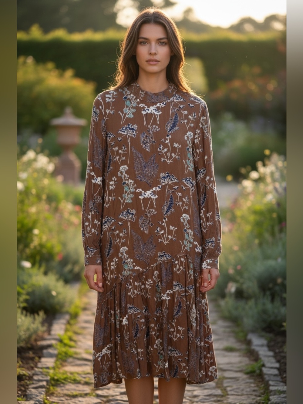 PIECES Brown Navy Floral Botanical Long Sleeve Maxi Dress S